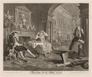 Fasjonabelt ekteskap: Plate II, 1745. av William Hogarth