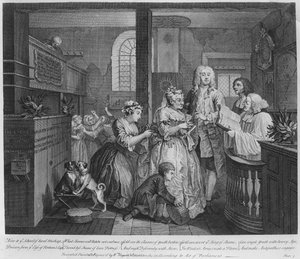 Gift med en gammel hushjelp, plate V fra 'A Rake's Progress', 1735 av William Hogarth