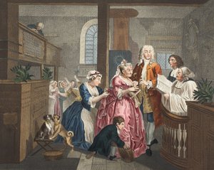 Gift med en gammel hushjelp, plate V fra 'A Rake's Progress', illustrasjon fra 'Hogarth Restored: The Whole Works of the celebrated William Hogarth, re-graved by Thomas Cook', pub. 1812 (håndkolorert av William Hogarth