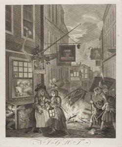 Natt, tallerken fire fra The Four Times of the Day av William Hogarth