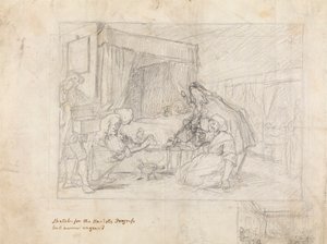 Operasjonsscene på sykehus med datterskisser i margen nederst til høyre av William Hogarth