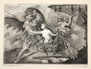 Satan, synd og død, pub. 1792 av William Hogarth