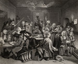 Scene in a Gaming House, plate VI fra 'A Rake's Progress', fra 'The Works of William Hogarth', utgitt 1833 av William Hogarth