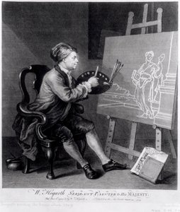 Self Portrait Painting the Comic Muse, gravert av kunstneren, pub. 1758 av William Hogarth