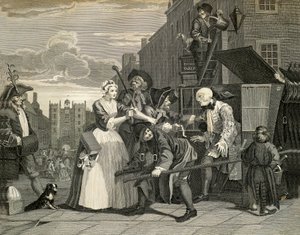 Gatescener i London, av William Hogarth (1697-1764), gravering, England av William Hogarth