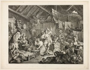Vandrende skuespillerinner kler seg i en låve av William Hogarth