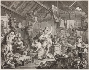 Vandrende skuespillerinner kler seg i en låve. 1738 av William Hogarth