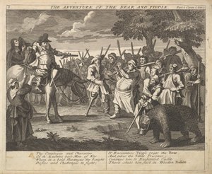 The Adventure of the Bear and the Fiddle Plate 3: Illustrasjoner til Samuel Butlers..., 1725-30. av William Hogarth