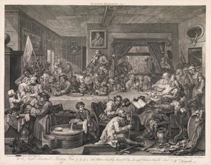 Valget, tavle 1: «Et valgbankett» av William Hogarth
