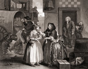 The Harlots Progress fanget av en anskaffer, fra The Works of Hogarth publisert London 1833 (bw gravering) av William Hogarth