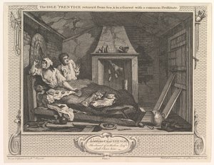 The Idle Prentice kom tilbake fra havet og i en garret med en vanlig prostituert..., 30. desember 1747. av William Hogarth