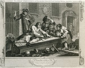 Den ledige 'Prentice at Play in the Church Garden Under Divine Service, plate III av 'Industry and Idleness', utgitt 1833 av William Hogarth