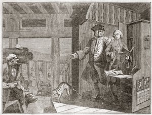 The Industrious 'Prentice, en favoritt og betrodd av sin mester, fra serien "" Industry and Idleness - Plate fra en serie på 12 graveringer av William Hogarth (1697-1764), britisk illustratør, med tittelen "" Industry and Idleness&q av William Hogarth