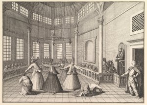 Innsiden av en moske, dervisjene som danser Aubry de La Mottrayes reiser gjennom..., 1723-24. av William Hogarth