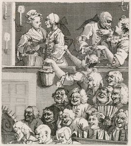 Det leende publikummet. Hogarths utsikt over Drury Lane med oransje jenter i 1733 av William Hogarth