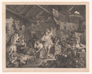 Utkledde skuespillerinner og barn i en låve Vandrende skuespillerinner kler seg i en låve av William Hogarth