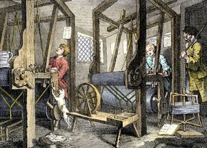 Verksted og arbeider med vevemateriale i Spitalfields, England av William Hogarth