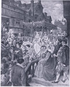 Queen Marys statsinntreden i Edinburgh 1561, fra Cassells History of the British People utgitt av Waverley Book Company, ca. 1950-tallet (litho)