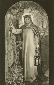 The Light of the World, maleri i Keble College, Oxford, Oxfordshire, som viser Kristus som bærer en lykt og banker på en dør (s/hv-bilde) av William Holman (after) Hunt