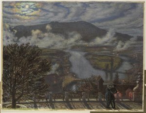 Utsikt fra terrasse av elvelandskap om natten The Terrace, Berne (tittel på objekt) av William Holman Hunt