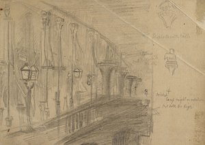 Recto: Studie av London Bridge for 'London Bridge on the Night of the Marriage of the Prince and Princess of Wales', 1863 (grafitt på brunpapir) av William Holman Hunt