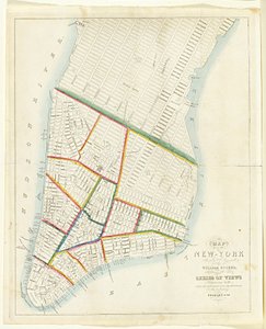 Kart over byen New York [så langt nord som East 53rd Street], 1885 (svart blekk, med håndfarging, på papir)
