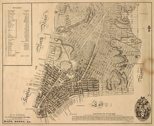 Plan for byen New-York [så langt nord som East 31st Street], 1817 (svart blekk på papir, støttet med stoff) av William Hooker
