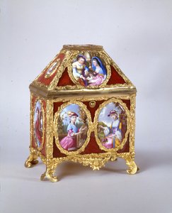 George III kiste som inneholder en kantklokke på samme måte som James Cox, ca. 1770 (forgylt metall, emalje og verre-eglomise) (se også 741846) av William Hopkins Craft