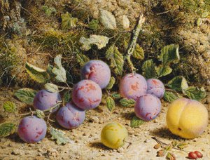 Stilleben med plommer, fersken og nyper, av William Hough
