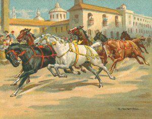 Løper historiske og moderne, rytterløse hesteveddeløp i Italia (chromolitho)
