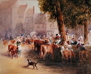 Tidlig morgen i landsbyens storfemarked (akvarell på papir) av William Hunt