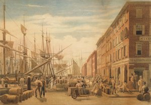 Utsikt over South Street, fra Maiden Lane, New York City, ca. 1827.