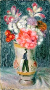 Blomster i en Quimper vase (olje på lerret) av William James Glackens