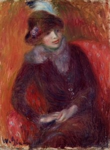 Sittende kvinne med pelshals og rød bakgrunn av William James Glackens