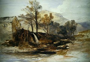 En vannmølle i Nord-Wales (akvarell på papir) av William James Muller