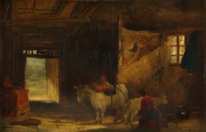 Et walisisk interiør med jente som melker en geit (olje på panel) av William James Muller