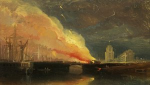 Bristol Riots: The Burning of the Toll-Houses on Prince Street Bridge med St Mary Redcliffe av William James Muller