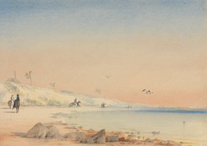 Gambia - en sandbukt med figurer som går og sykler ved Cape St. Mary av William John Chamberlayne