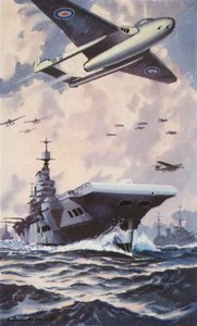 Britisk hangarskip (farge litho) av William John Patton McDowell