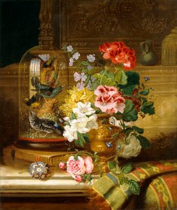 En vase med diverse blomster og sangfugler på en avsats, 1867