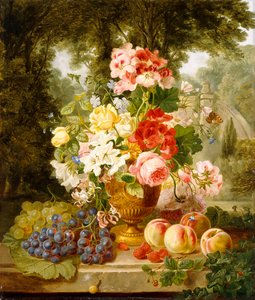 En vase med sommerblomster og frukt på en avsats i et landskap, 1867