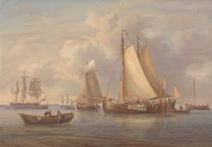Hollandske fiskebåter for anker i en elvemunning