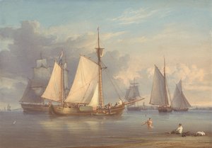 Hollandske fiskebåter for anker i en elvemunning