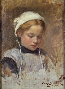 Ung jente i en blå pinafore, 1914