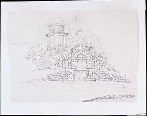 Chiswick, design for en steinord-kaskade med et åttekantet dorisk tempel på terrassen bak (penn og blekk over blyant på papir)