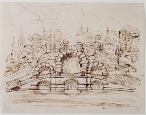 Chiswick, design for kaskaden som bygget (penn og blekk over blyant på papir)