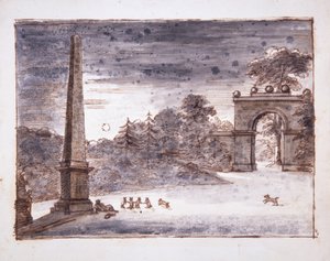 Chiswick, Burlington Lane Gate og Obelisken i måneskinnet med Kent som sitter ved Obelisken og drømmer, og med kaniner i lek, ca. 1732 (penn og blekk og vask på papir)