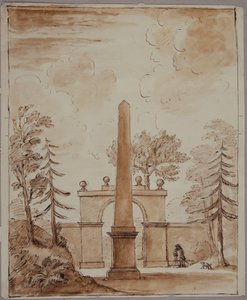 Chiswick, utsikt over Burlington Lane Gate, Obelisken i forgrunnen og Kent med hund (penn og blekk og vask på papir) av William Kent