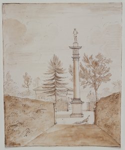 Chiswick, utsikt over den doriske søylen med Venus de Medici-statuen, og et glimt av siden av hjortehuset (penn og blekk på papir)