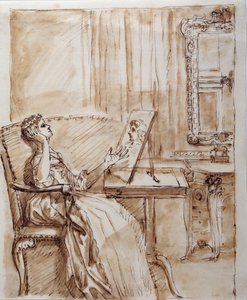 Lady Burlington sitter i hagerommet sitt og beundrer en gammel mester (?) tegning (penn og blekk på papir)